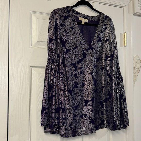 Michael Kors dark purple silver print v neck long statement sleeve dressy top 0X - Picture 10 of 10